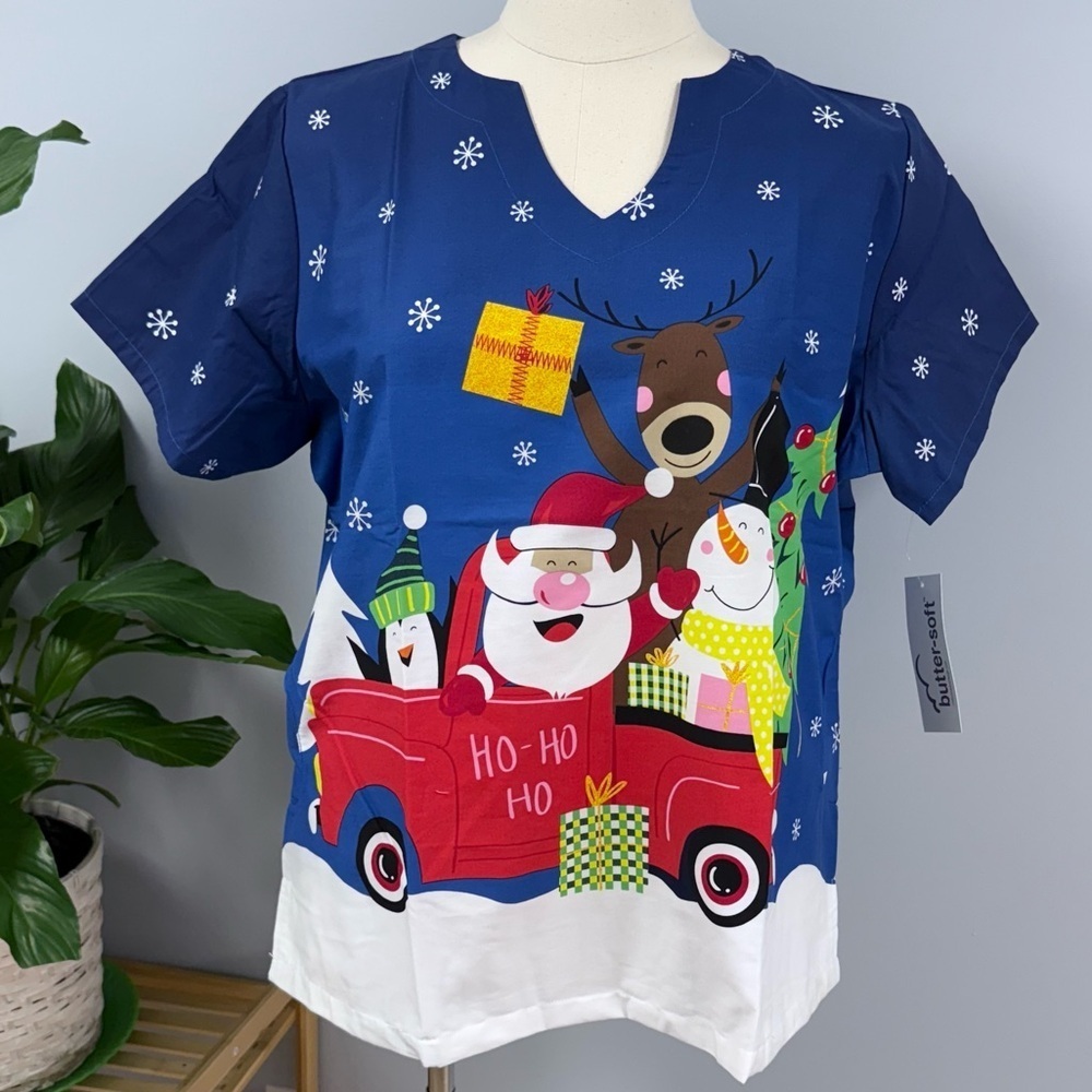 NWT Buttersoft Christmas Scrub Top XL Royal Blue Santa & Reindeer Truck Scrubs